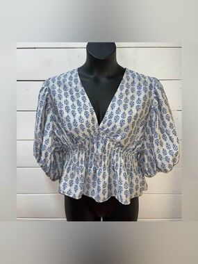 H&M Blue White Puff Sleeve Blouse XXL
